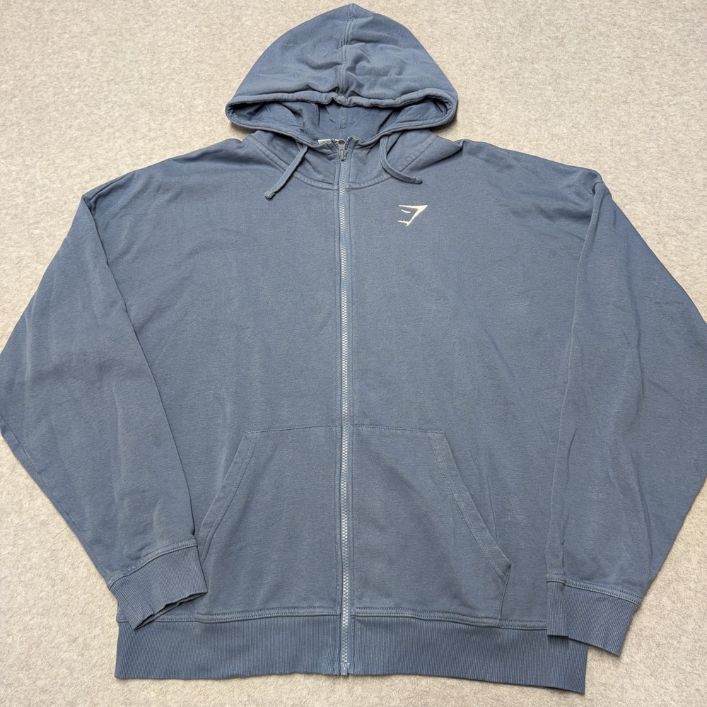 Gymshark Hoodie Mens Medium Blue Full Zip Fleece Sweatshirt Athletic Logo
